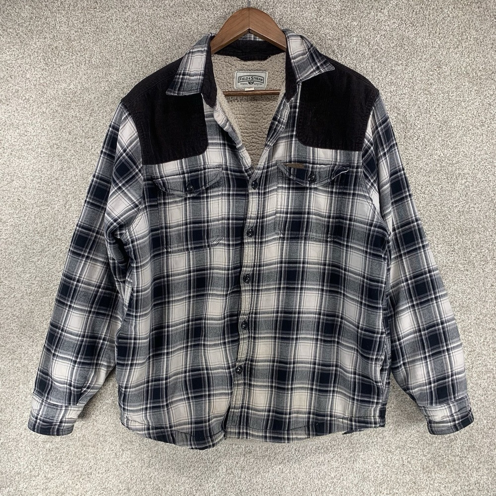 Field & Stream Grey‎ Plaid Flannel Shacket Sherpa Lined Sz M Chore Rustic Jacket